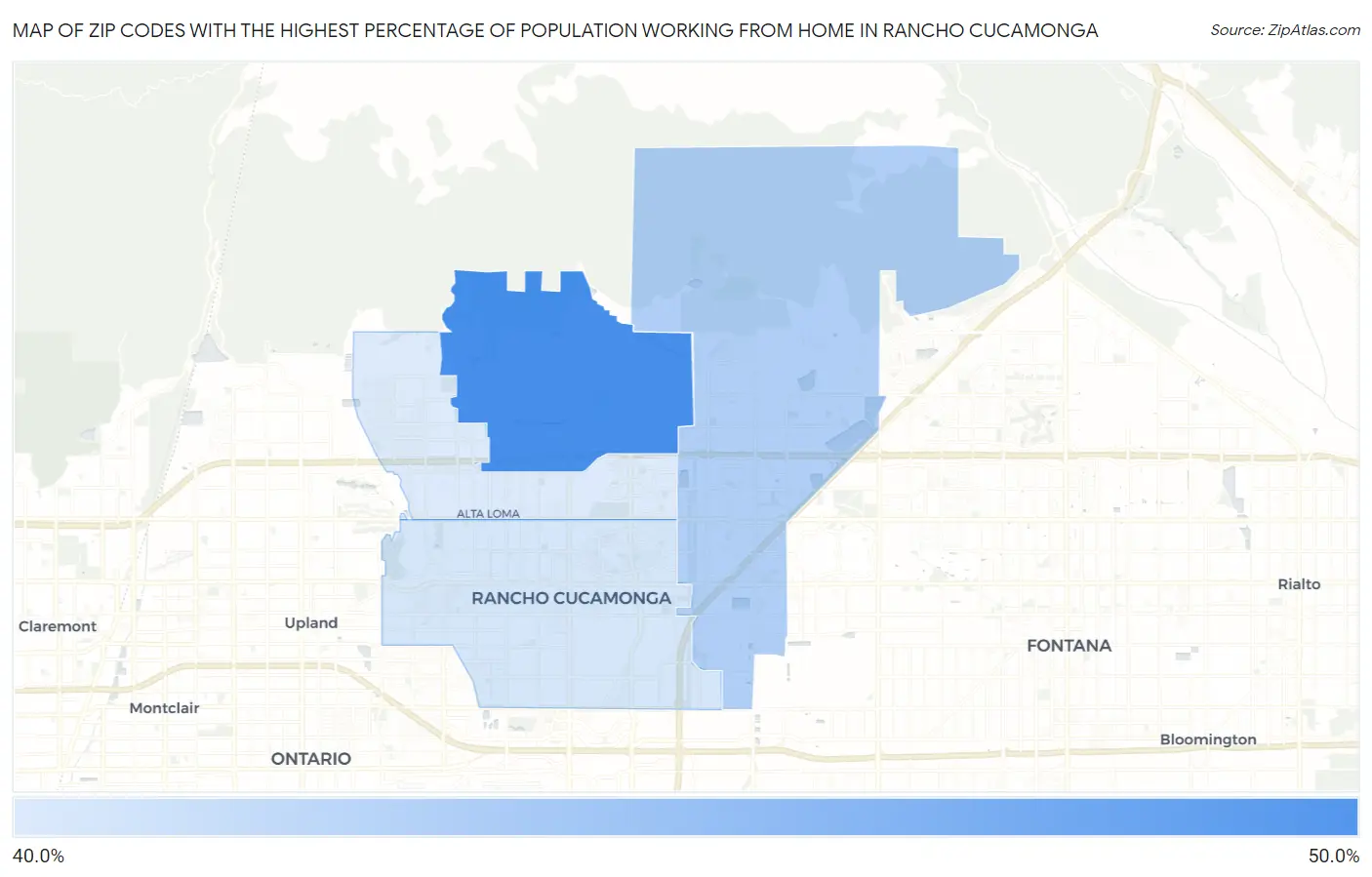 Zip Codes with the Highest Percentage of Population Working from Home in Rancho Cucamonga Map