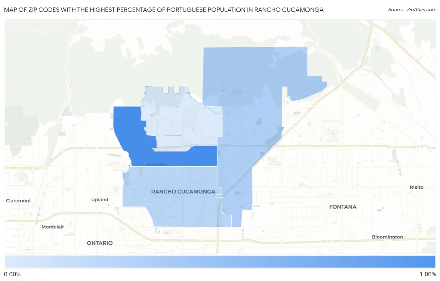 Zip Codes with the Highest Percentage of Portuguese Population in Rancho Cucamonga Map