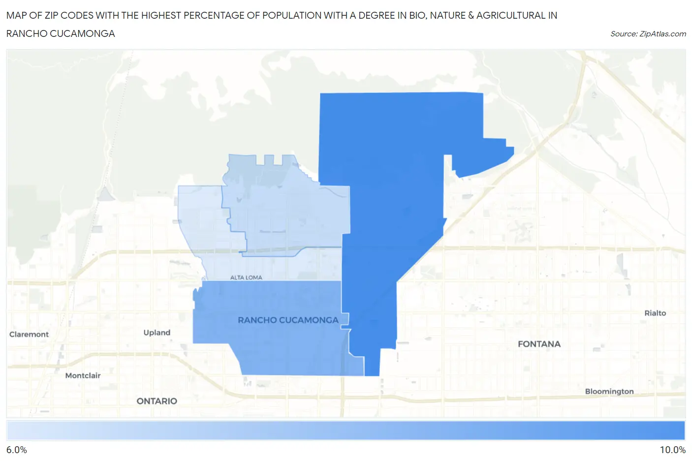 Zip Codes with the Highest Percentage of Population with a Degree in Bio, Nature & Agricultural in Rancho Cucamonga Map
