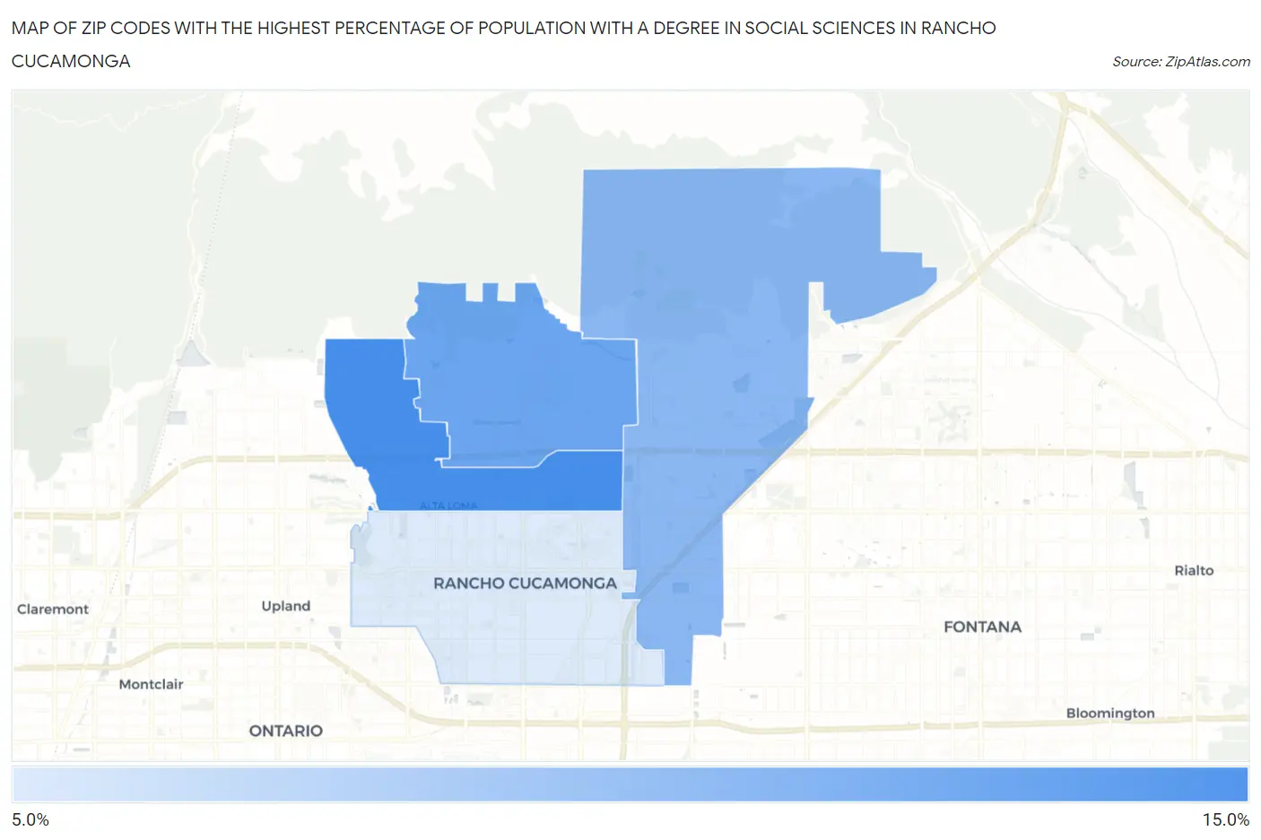 Zip Codes with the Highest Percentage of Population with a Degree in Social Sciences in Rancho Cucamonga Map
