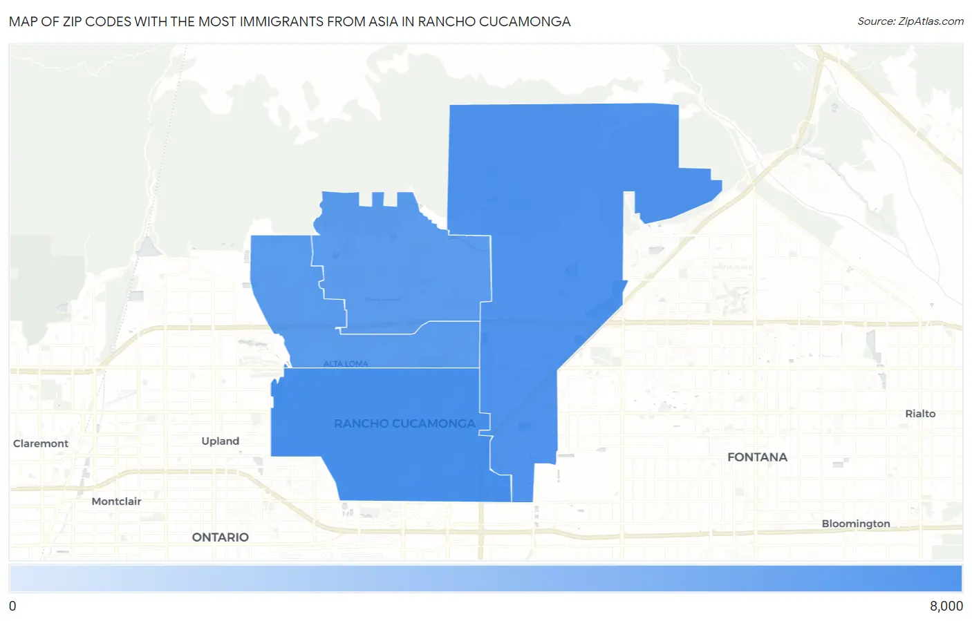Zip Codes with the Most Immigrants from Asia in Rancho Cucamonga Map