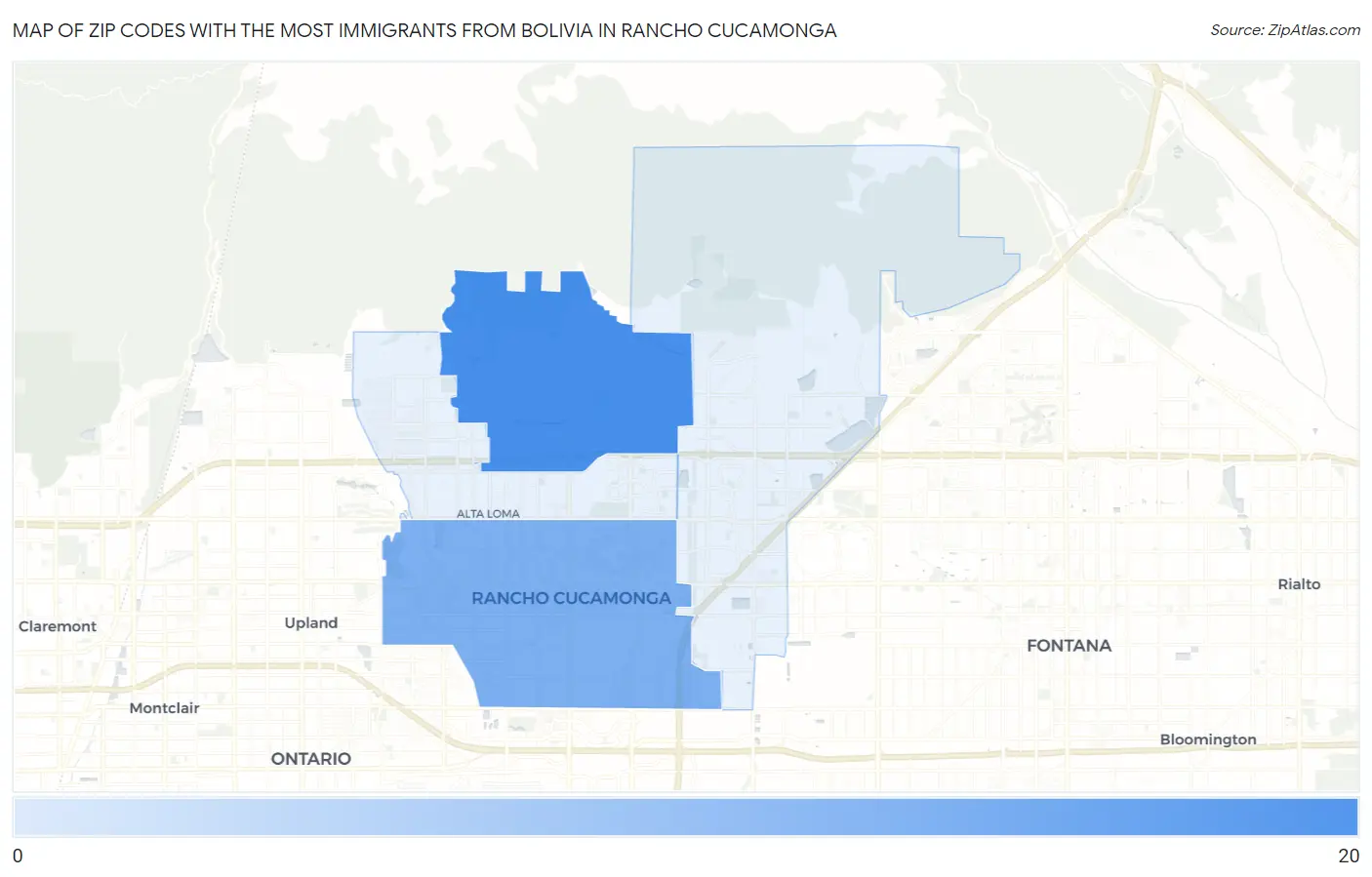 Zip Codes with the Most Immigrants from Bolivia in Rancho Cucamonga Map