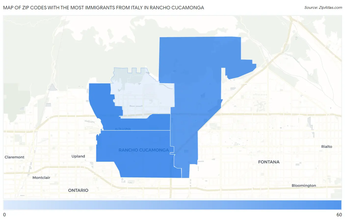 Zip Codes with the Most Immigrants from Italy in Rancho Cucamonga Map