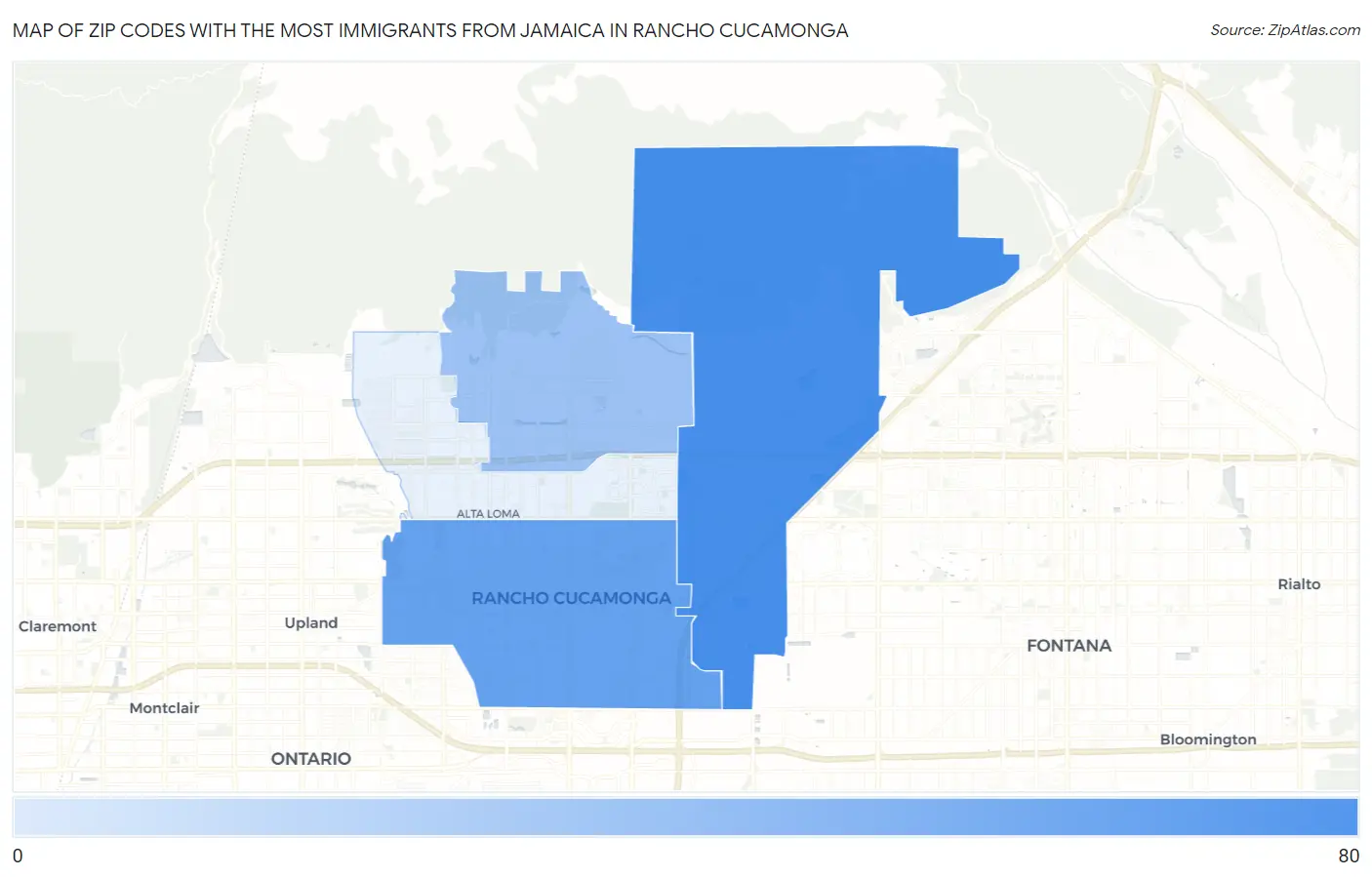 Zip Codes with the Most Immigrants from Jamaica in Rancho Cucamonga Map