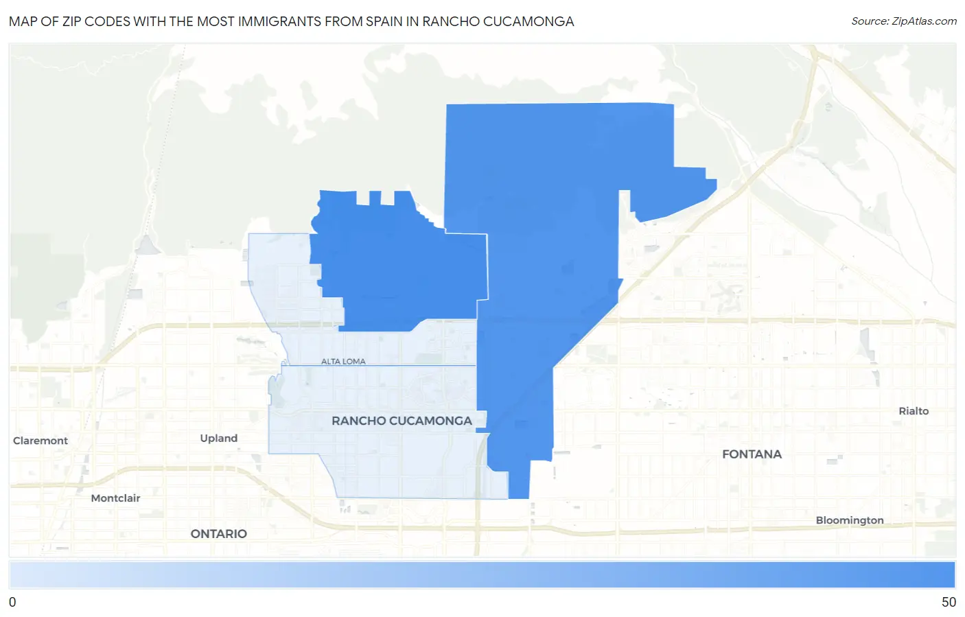 Zip Codes with the Most Immigrants from Spain in Rancho Cucamonga Map