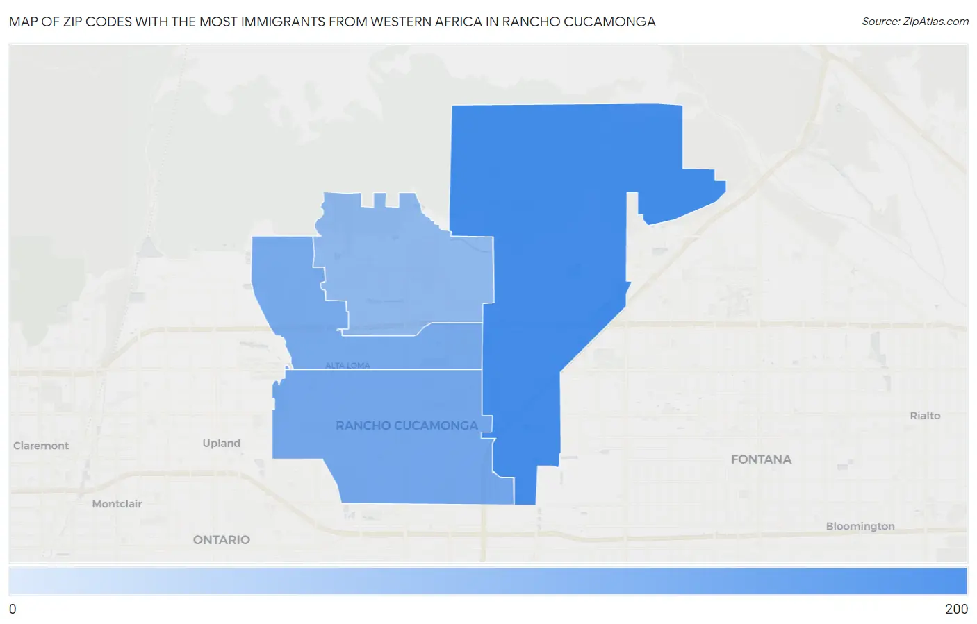 Zip Codes with the Most Immigrants from Western Africa in Rancho Cucamonga Map