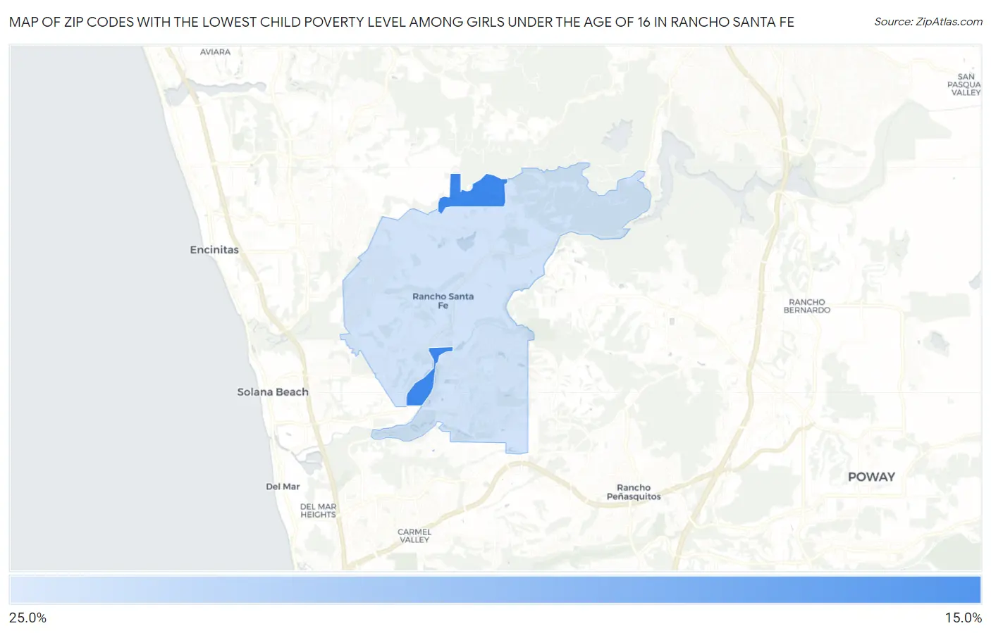 Zip Codes with the Lowest Child Poverty Level Among Girls Under the Age of 16 in Rancho Santa Fe Map