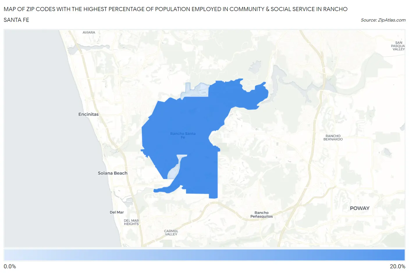 Zip Codes with the Highest Percentage of Population Employed in Community & Social Service  in Rancho Santa Fe Map