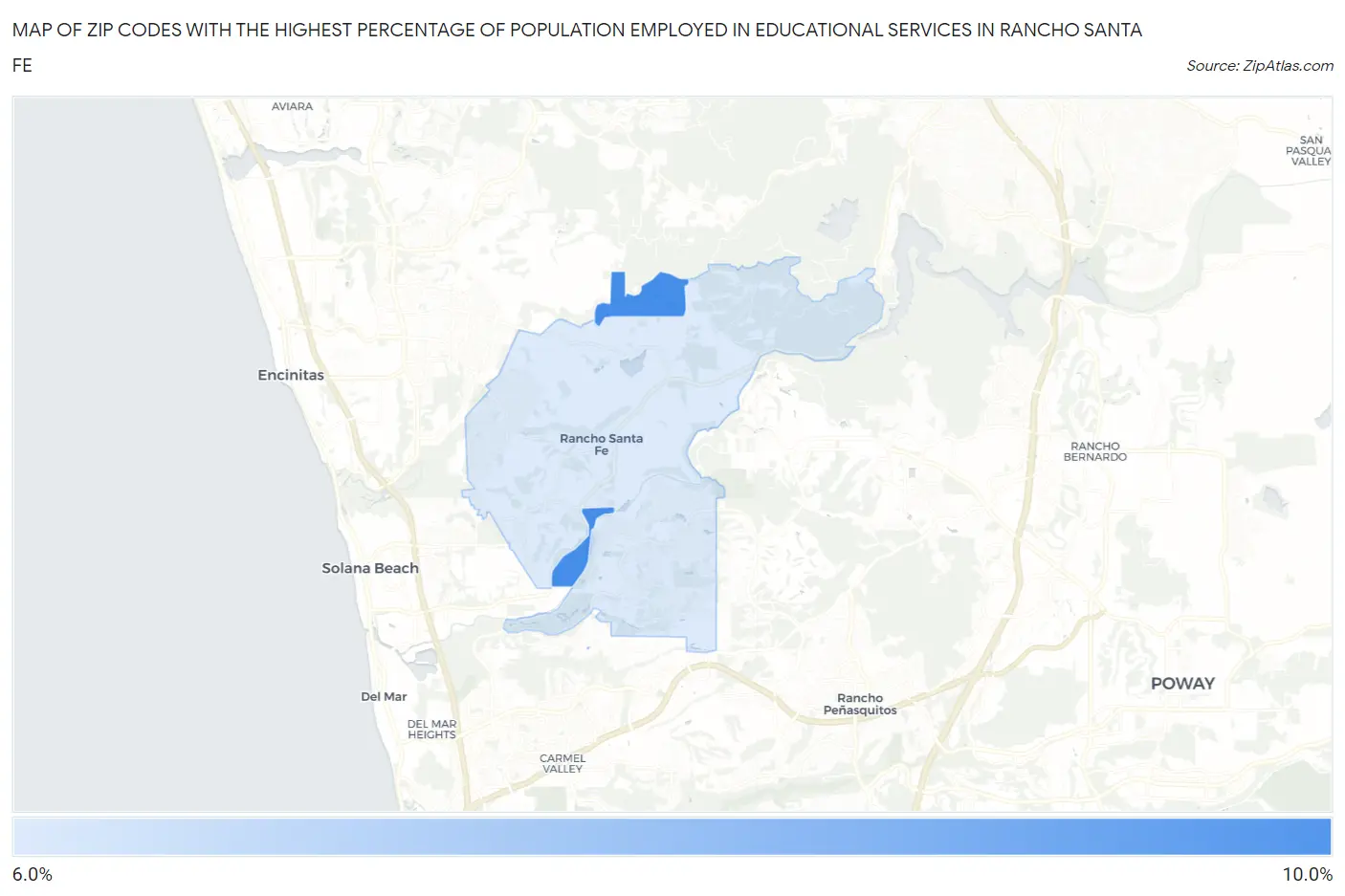 Zip Codes with the Highest Percentage of Population Employed in Educational Services in Rancho Santa Fe Map