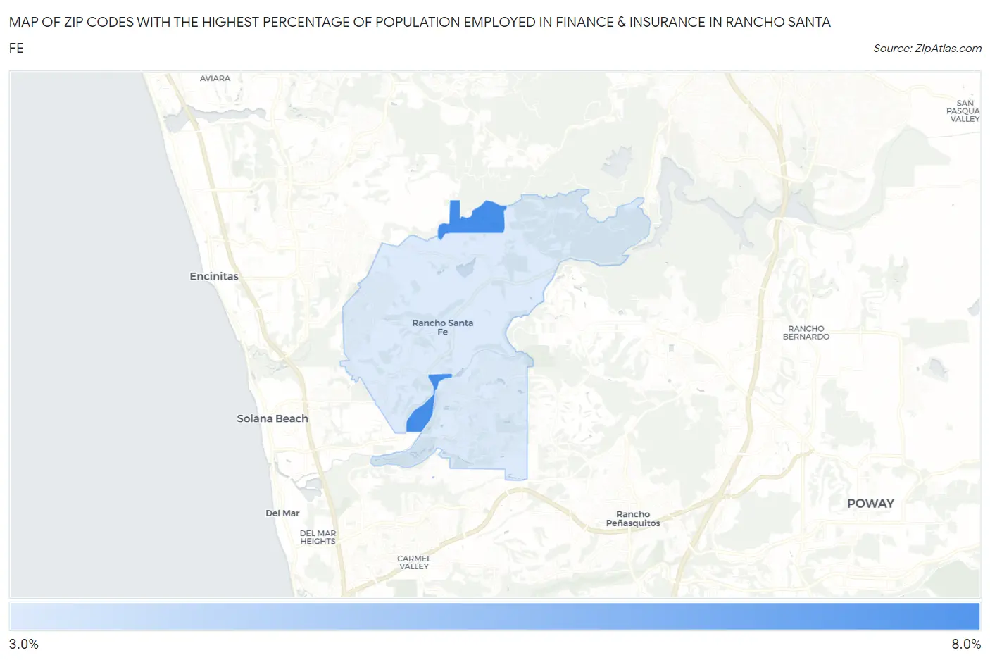 Zip Codes with the Highest Percentage of Population Employed in Finance & Insurance in Rancho Santa Fe Map
