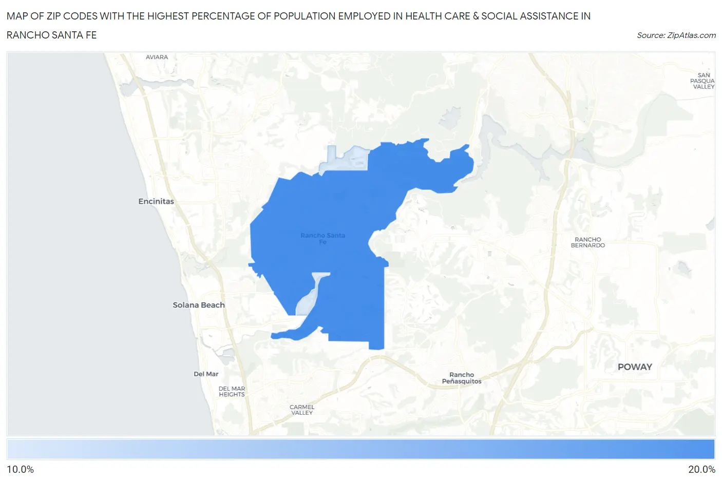 Zip Codes with the Highest Percentage of Population Employed in Health Care & Social Assistance in Rancho Santa Fe Map