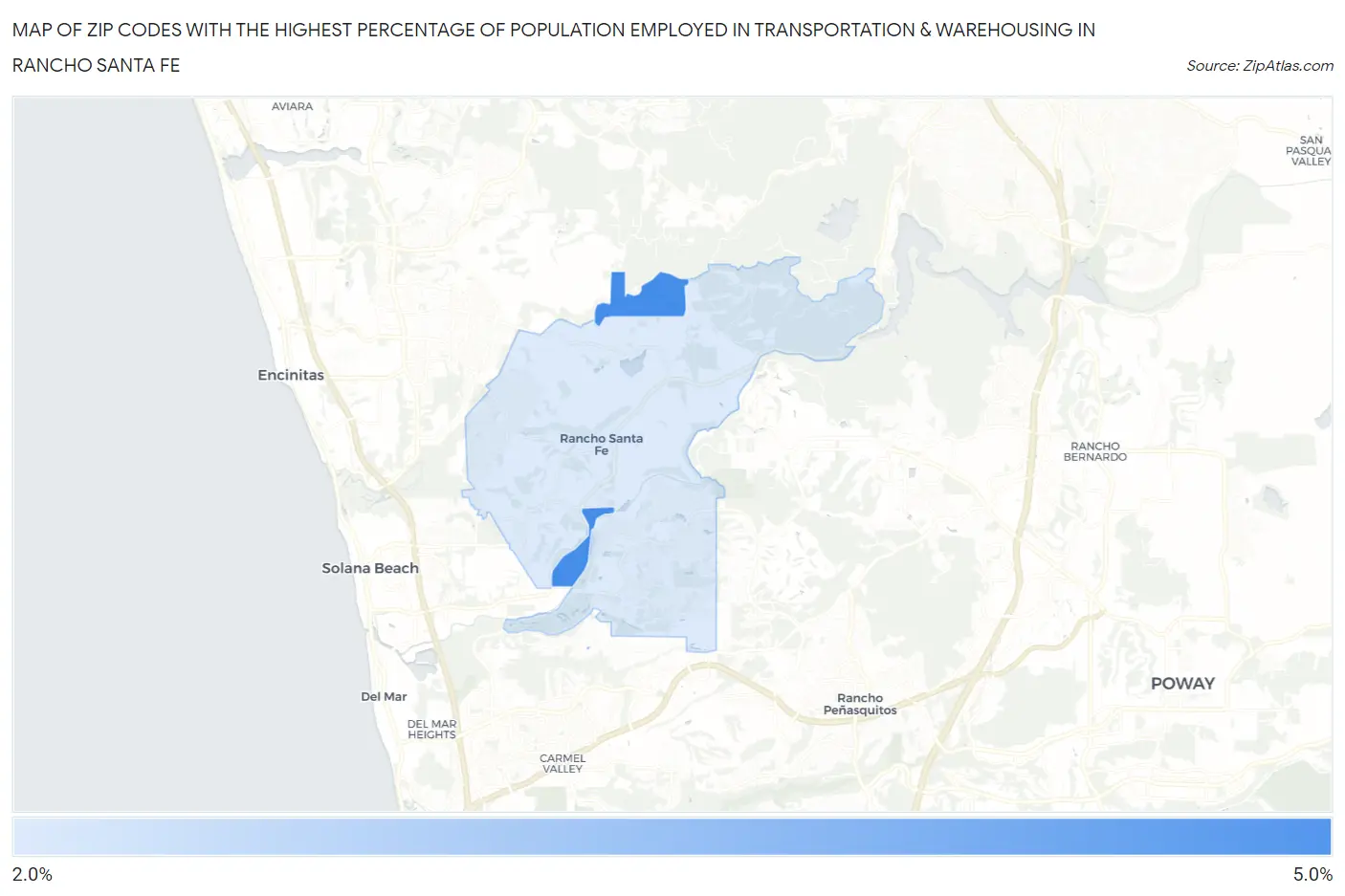 Zip Codes with the Highest Percentage of Population Employed in Transportation & Warehousing in Rancho Santa Fe Map