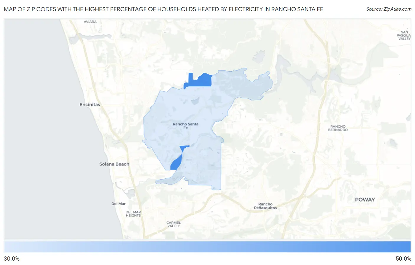 Zip Codes with the Highest Percentage of Households Heated by Electricity in Rancho Santa Fe Map