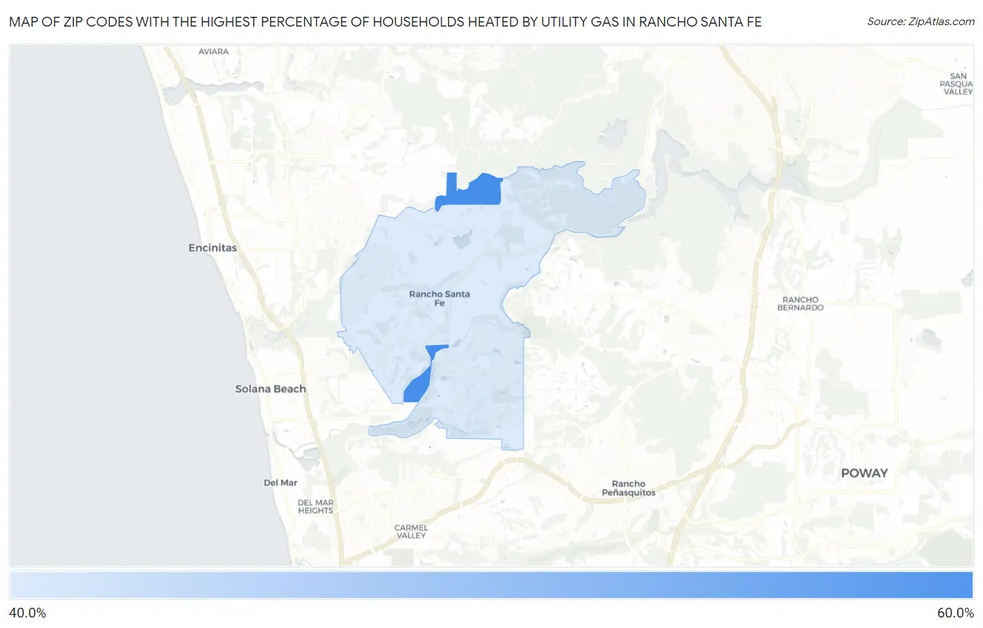 Zip Codes with the Highest Percentage of Households Heated by Utility Gas in Rancho Santa Fe Map