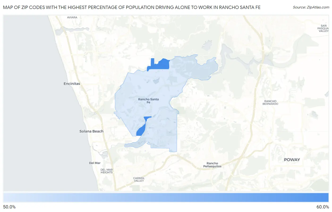 Zip Codes with the Highest Percentage of Population Driving Alone to Work in Rancho Santa Fe Map