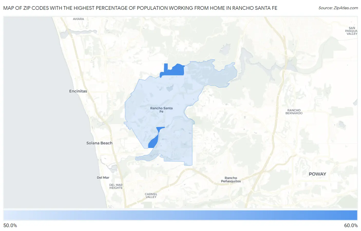 Zip Codes with the Highest Percentage of Population Working from Home in Rancho Santa Fe Map