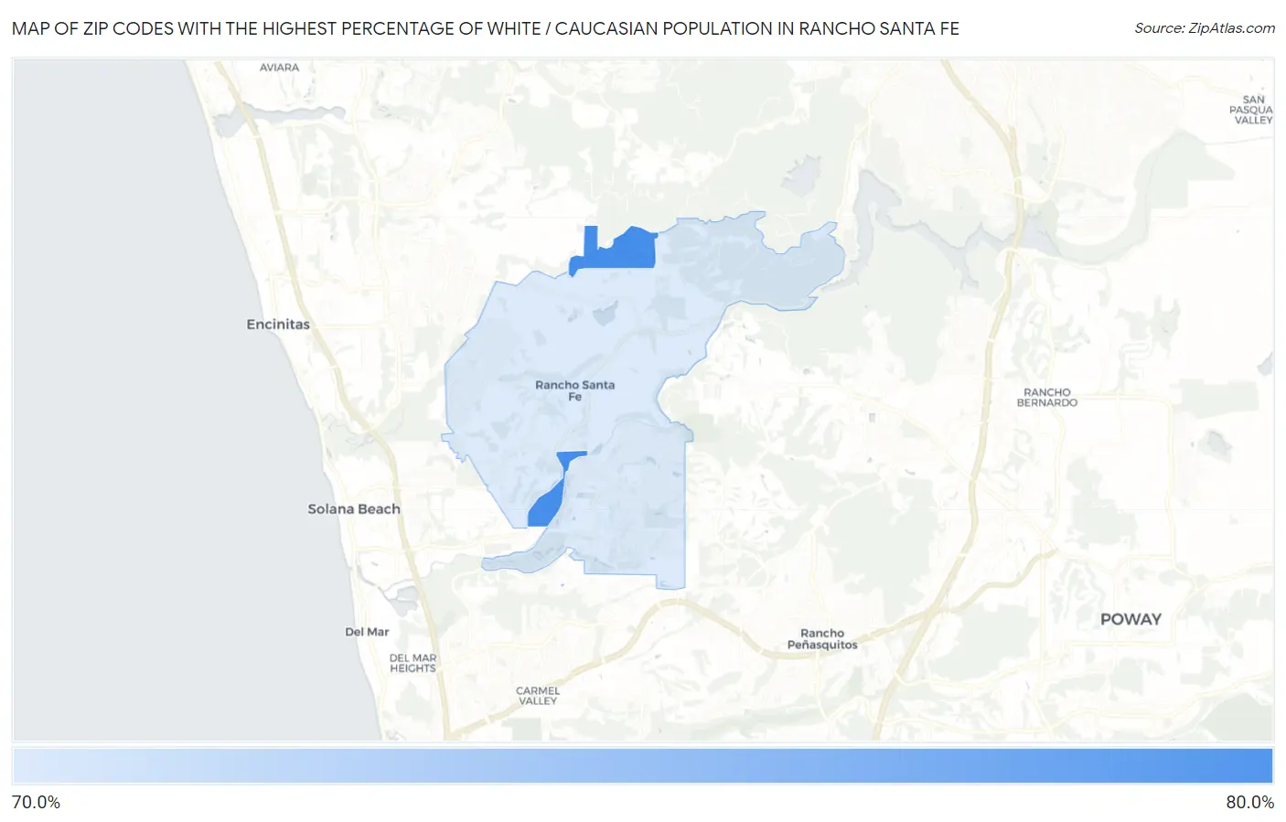 Zip Codes with the Highest Percentage of White / Caucasian Population in Rancho Santa Fe Map