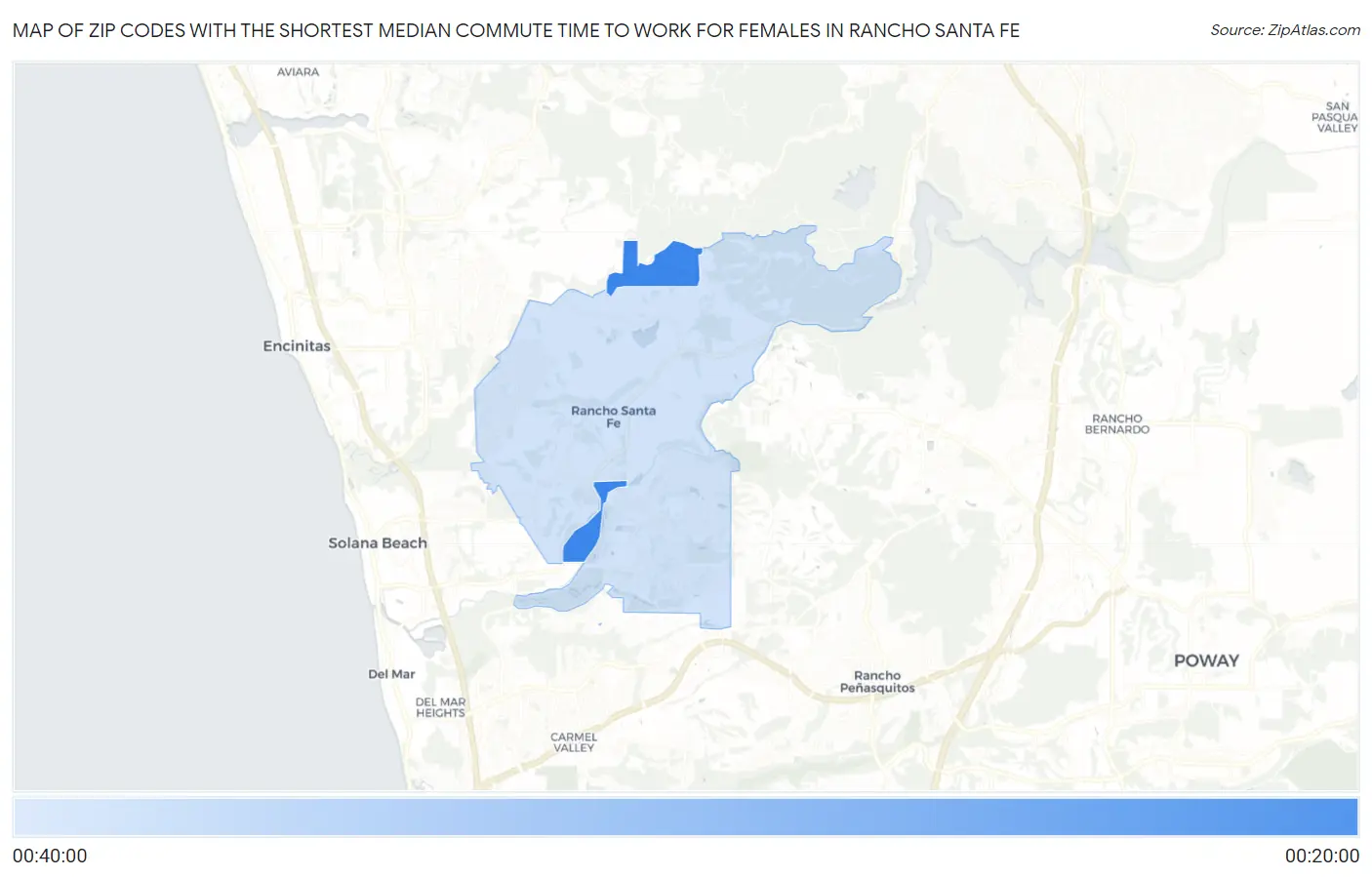 Zip Codes with the Shortest Median Commute Time to Work for Females in Rancho Santa Fe Map