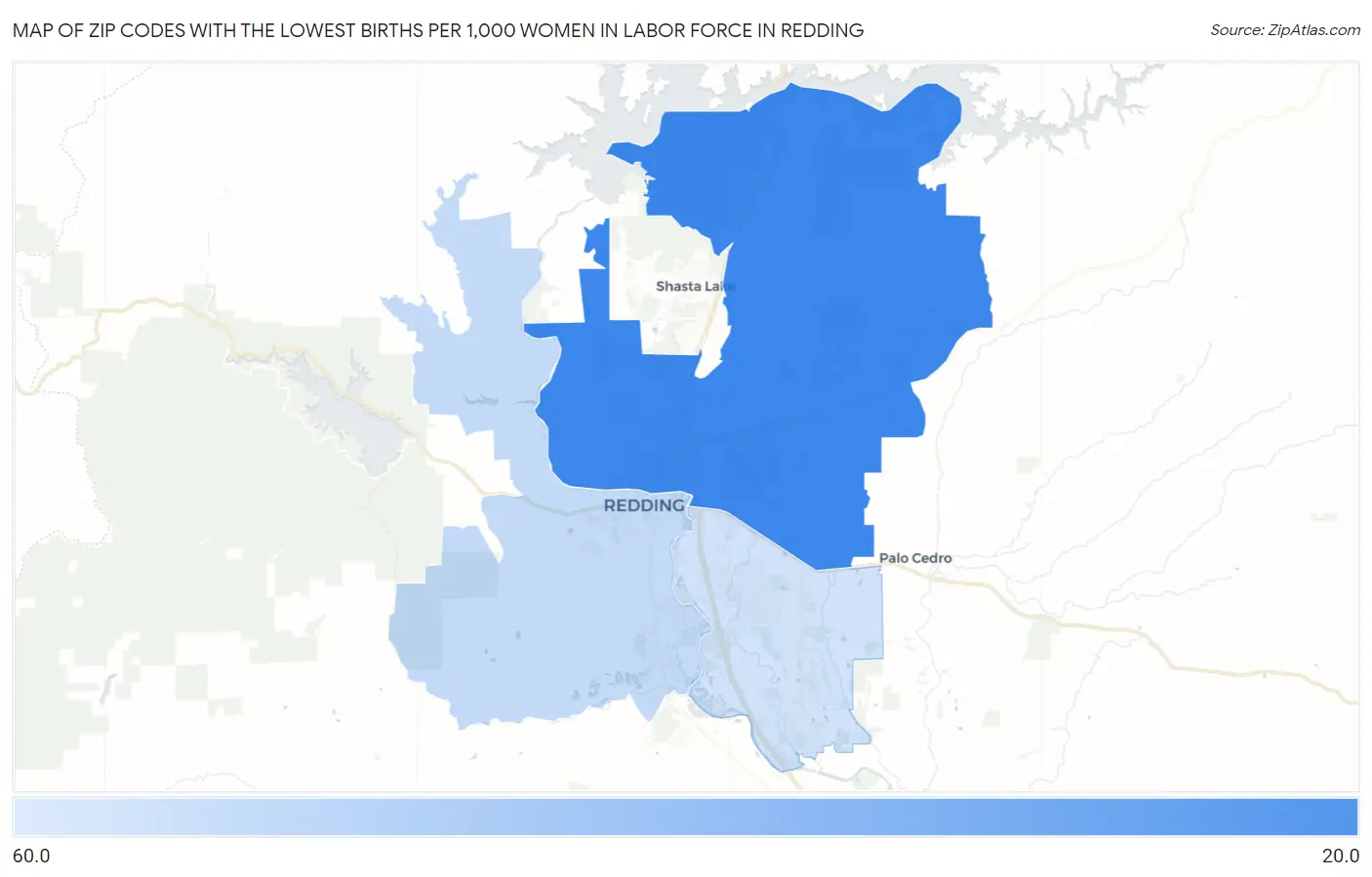 Zip Codes with the Lowest Births per 1,000 Women in Labor Force in Redding Map