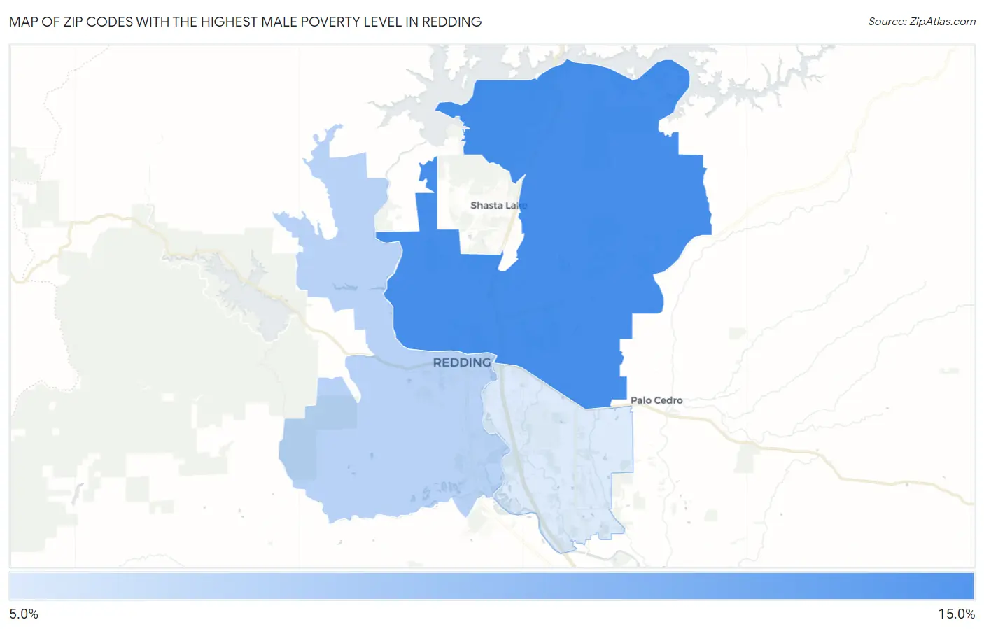 Zip Codes with the Highest Male Poverty Level in Redding Map