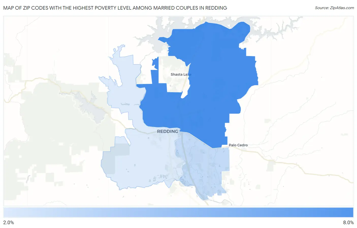 Zip Codes with the Highest Poverty Level Among Married Couples in Redding Map