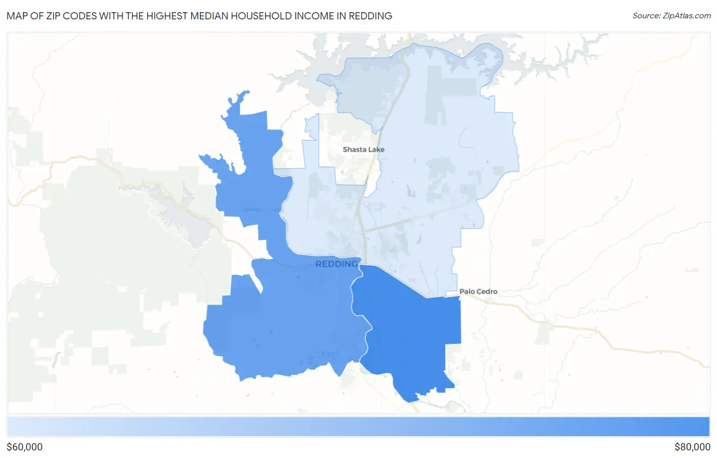 Zip Codes with the Highest Median Household Income in Redding Map