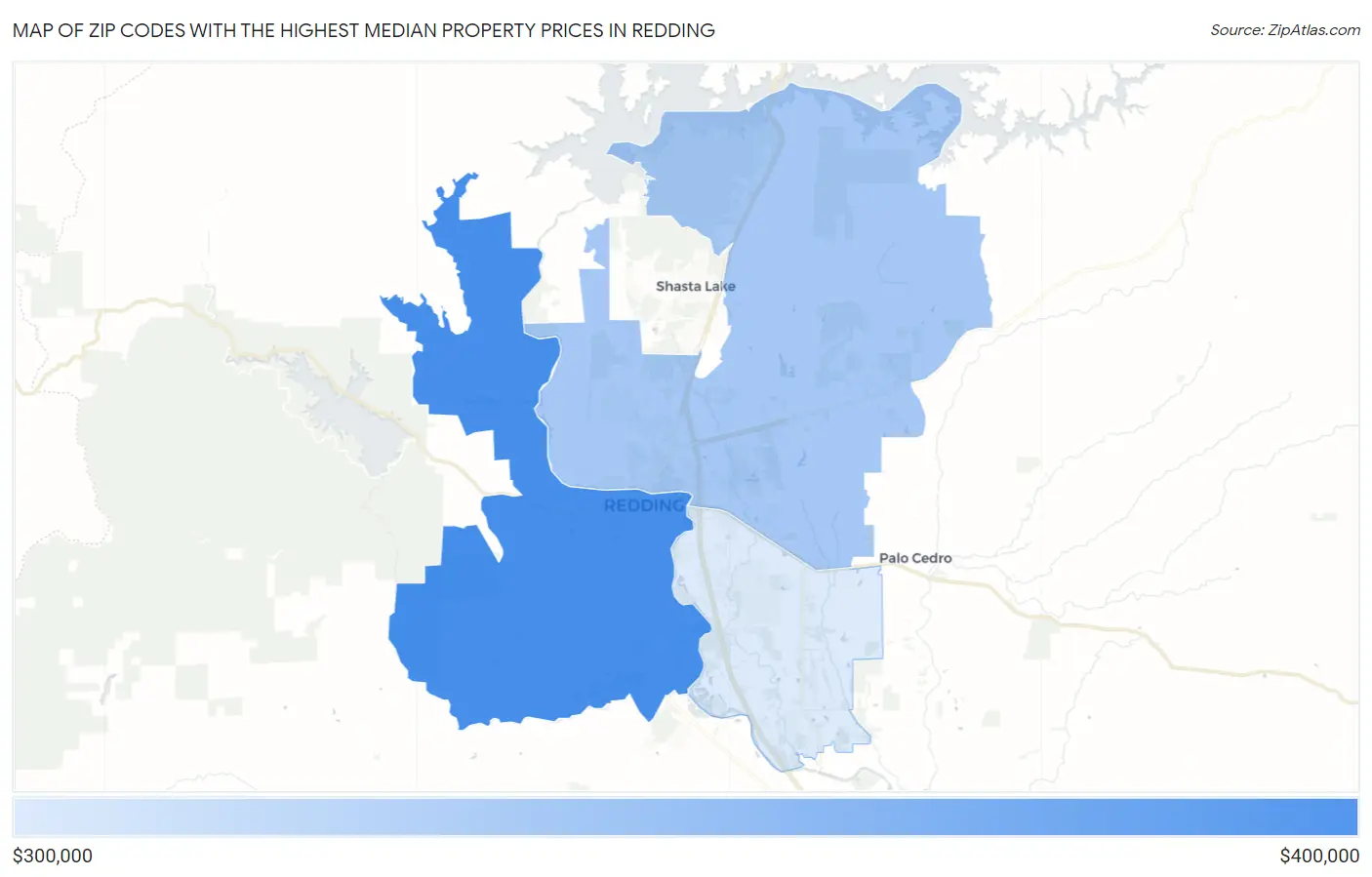 Zip Codes with the Highest Median Property Prices in Redding Map