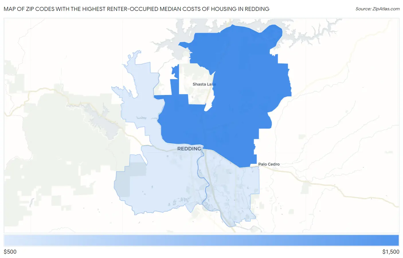 Zip Codes with the Highest Renter-Occupied Median Costs of Housing in Redding Map