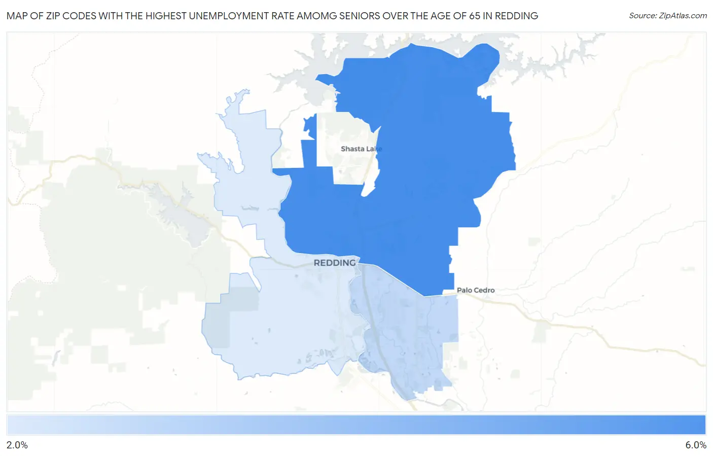 Zip Codes with the Highest Unemployment Rate Amomg Seniors Over the Age of 65 in Redding Map