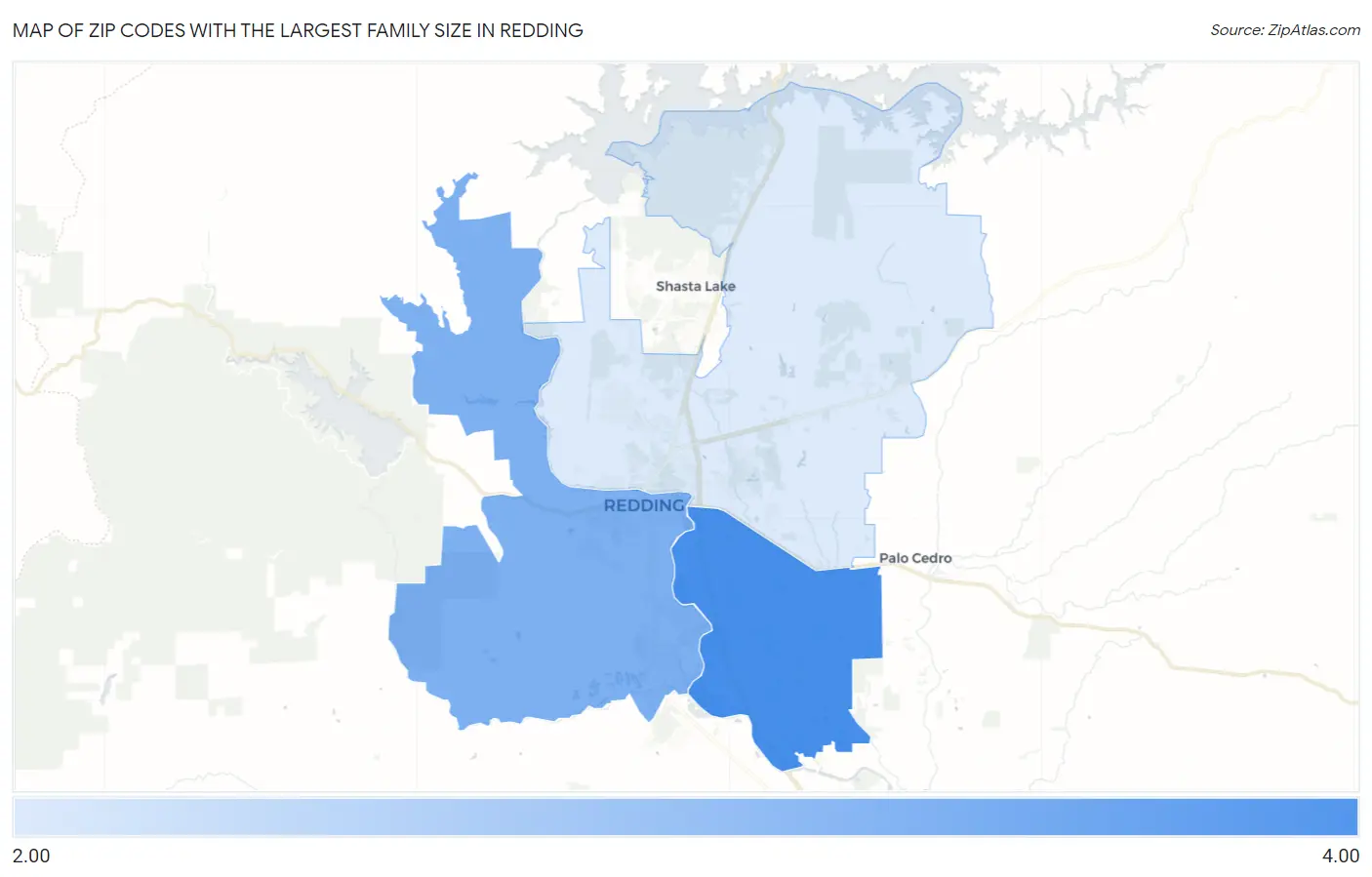 Zip Codes with the Largest Family Size in Redding Map