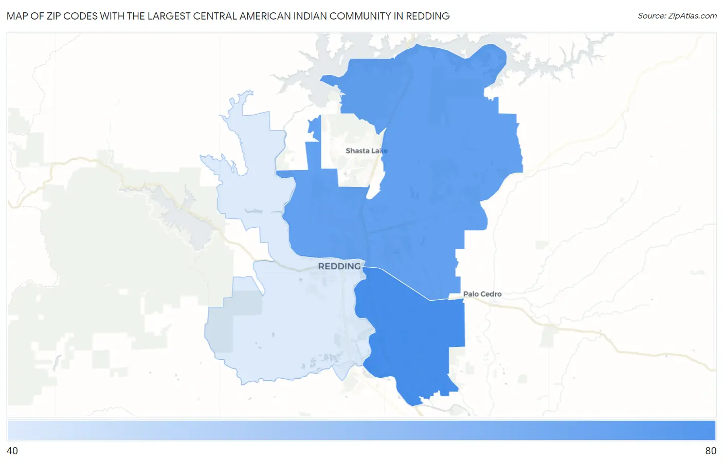 Zip Codes with the Largest Central American Indian Community in Redding Map