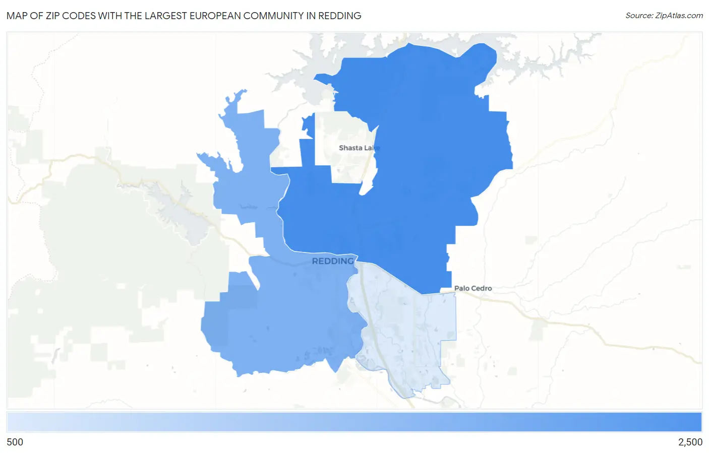 Zip Codes with the Largest European Community in Redding Map