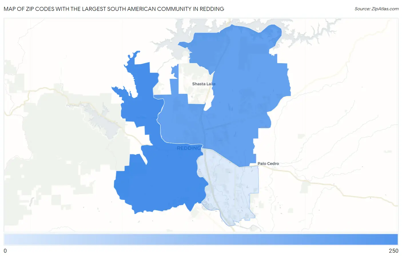 Zip Codes with the Largest South American Community in Redding Map