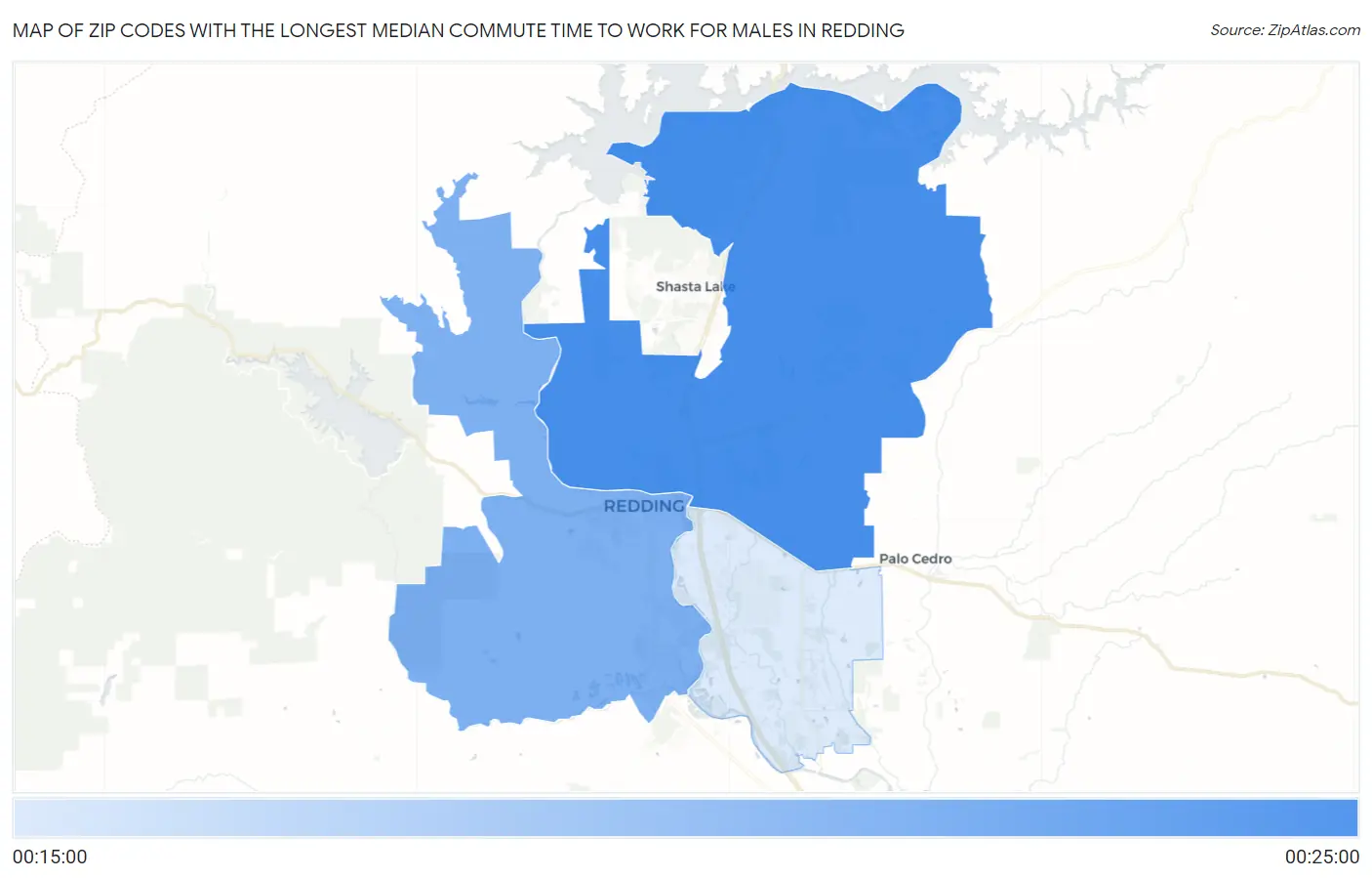 Zip Codes with the Longest Median Commute Time to Work for Males in Redding Map