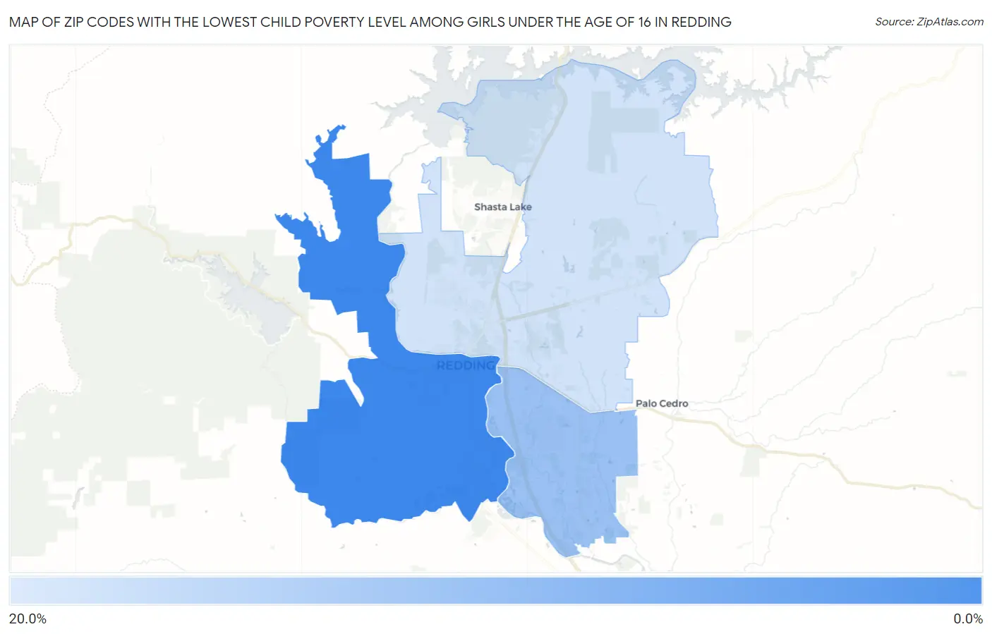 Zip Codes with the Lowest Child Poverty Level Among Girls Under the Age of 16 in Redding Map
