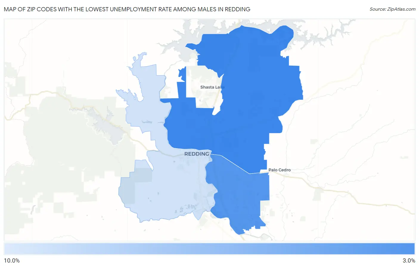 Zip Codes with the Lowest Unemployment Rate Among Males in Redding Map