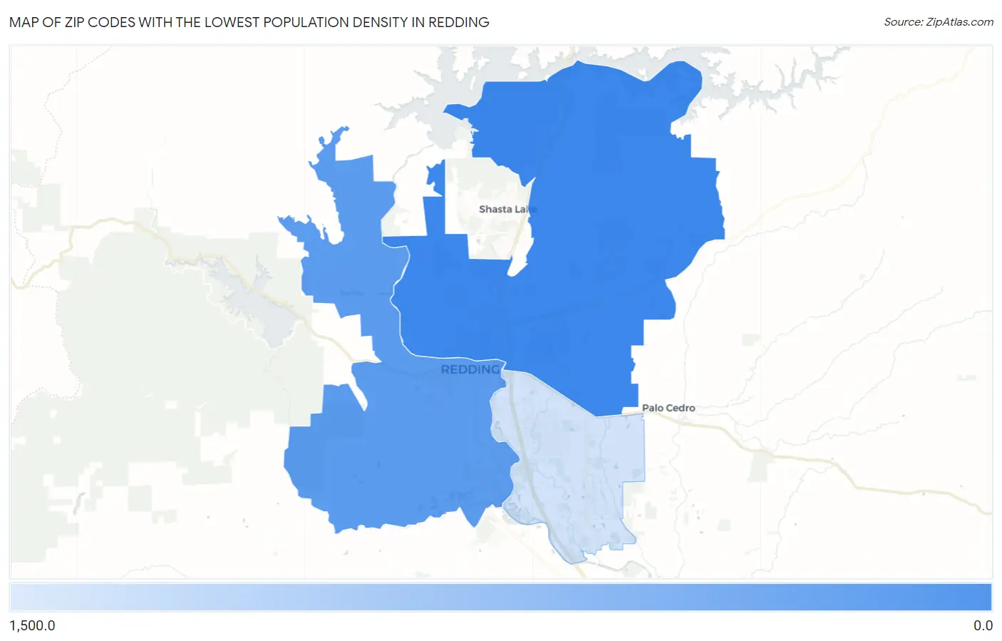 Zip Codes with the Lowest Population Density in Redding Map