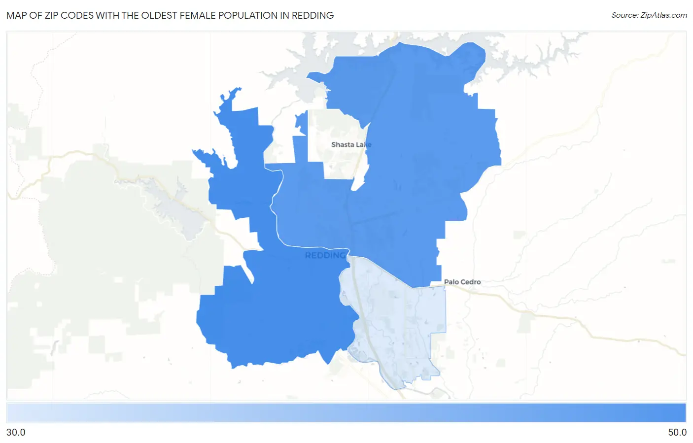 Zip Codes with the Oldest Female Population in Redding Map