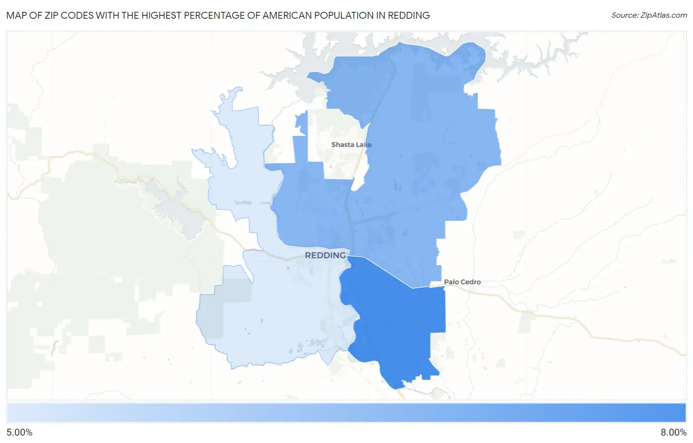Zip Codes with the Highest Percentage of American Population in Redding Map