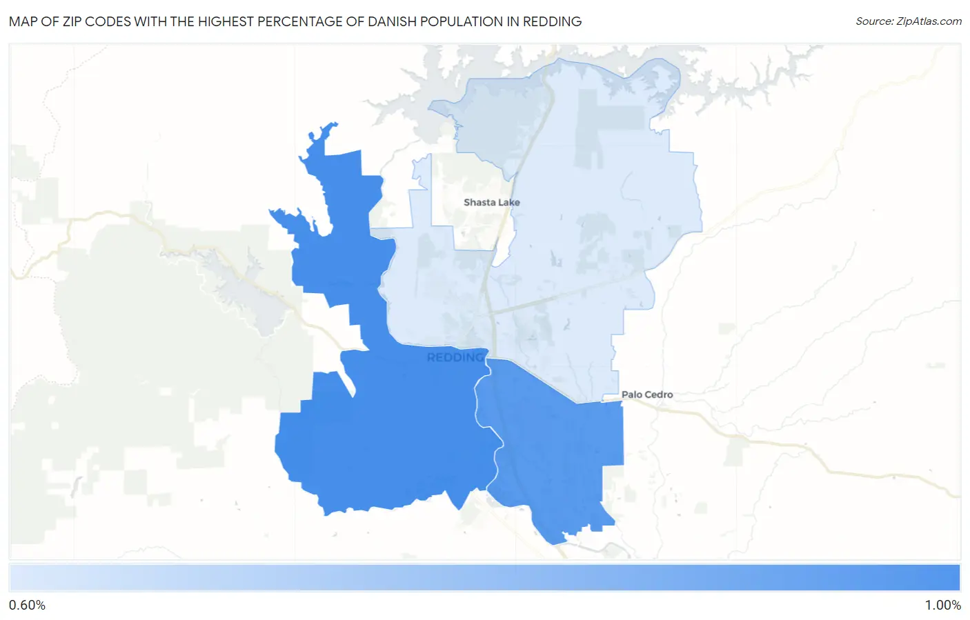 Zip Codes with the Highest Percentage of Danish Population in Redding Map