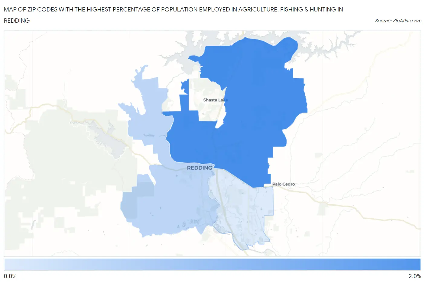 Zip Codes with the Highest Percentage of Population Employed in Agriculture, Fishing & Hunting in Redding Map