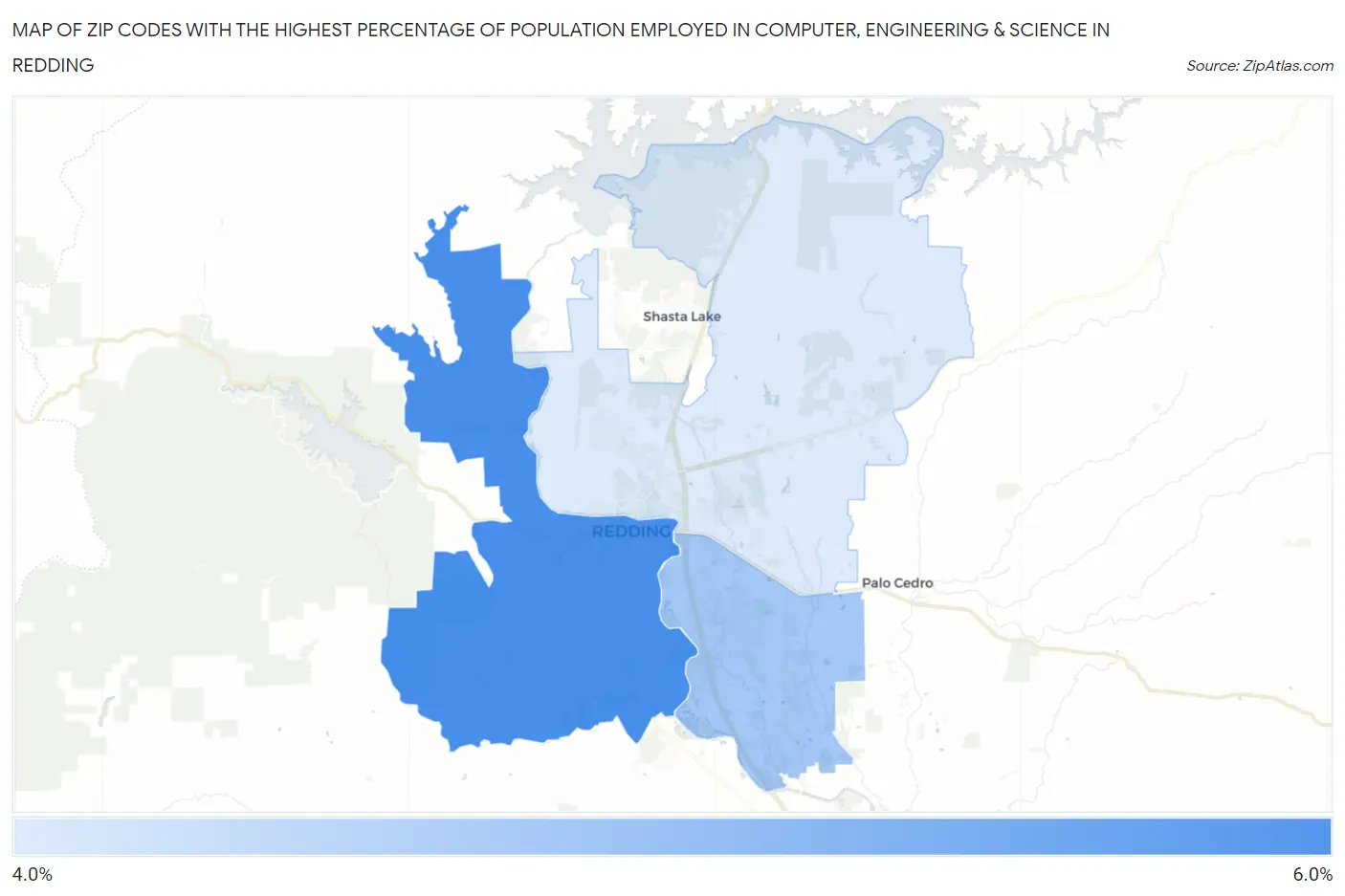 Zip Codes with the Highest Percentage of Population Employed in Computer, Engineering & Science in Redding Map