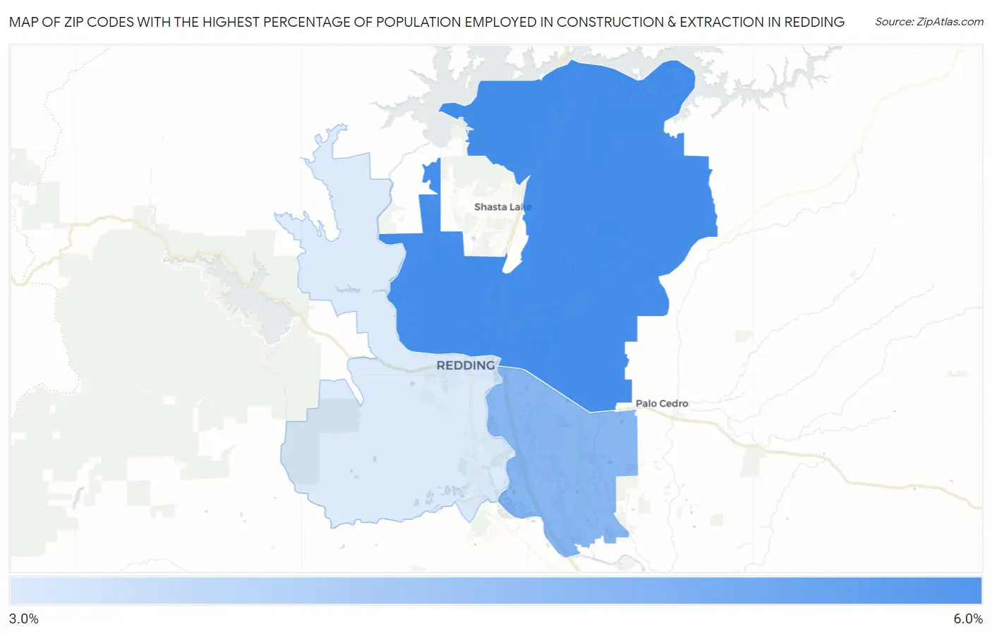 Zip Codes with the Highest Percentage of Population Employed in Construction & Extraction in Redding Map