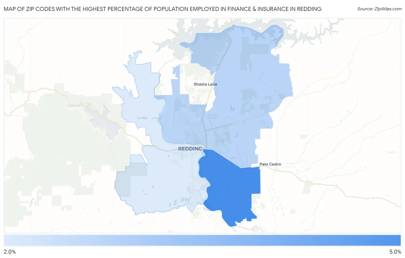 Zip Codes with the Highest Percentage of Population Employed in Finance & Insurance in Redding Map