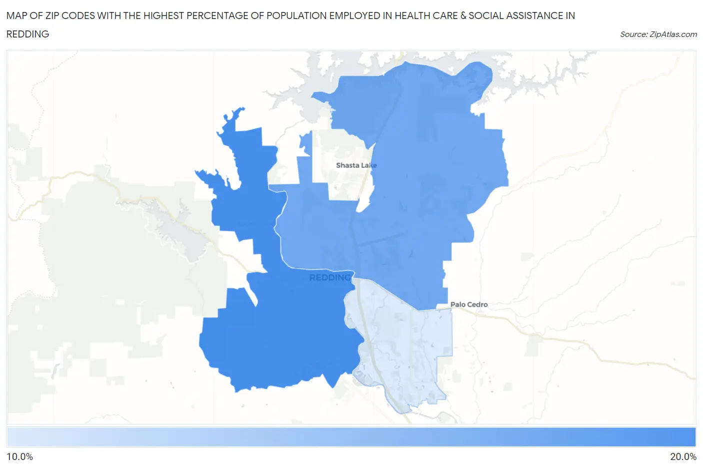 Zip Codes with the Highest Percentage of Population Employed in Health Care & Social Assistance in Redding Map