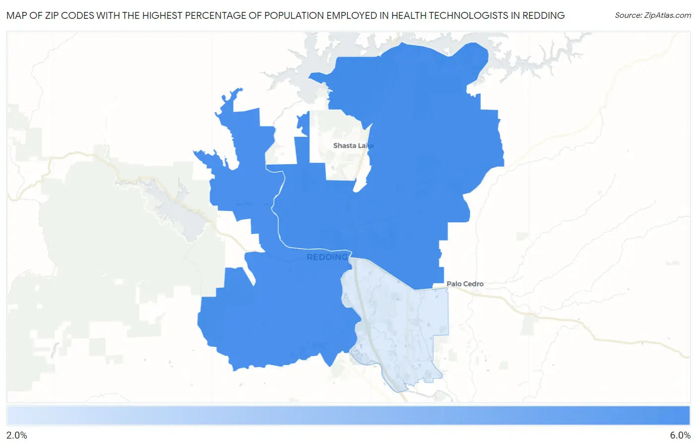Zip Codes with the Highest Percentage of Population Employed in Health Technologists in Redding Map