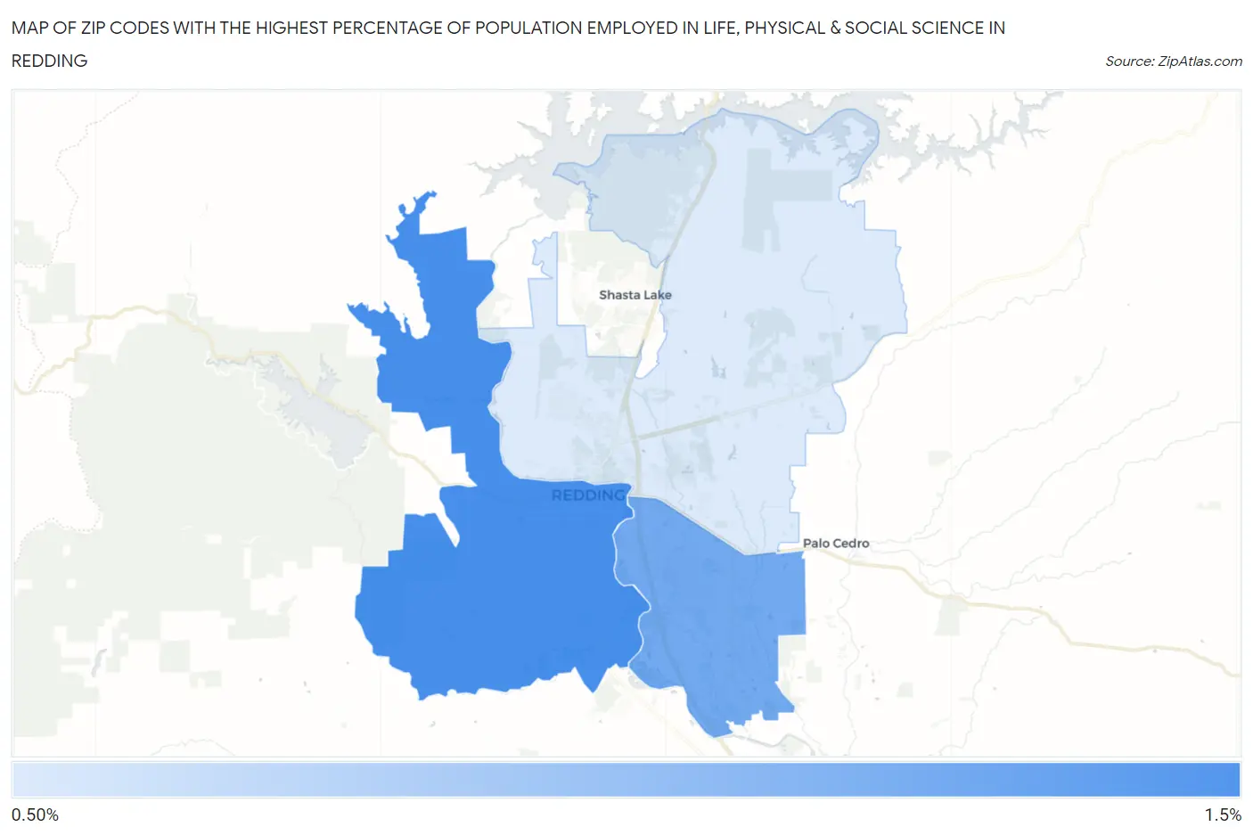 Zip Codes with the Highest Percentage of Population Employed in Life, Physical & Social Science in Redding Map