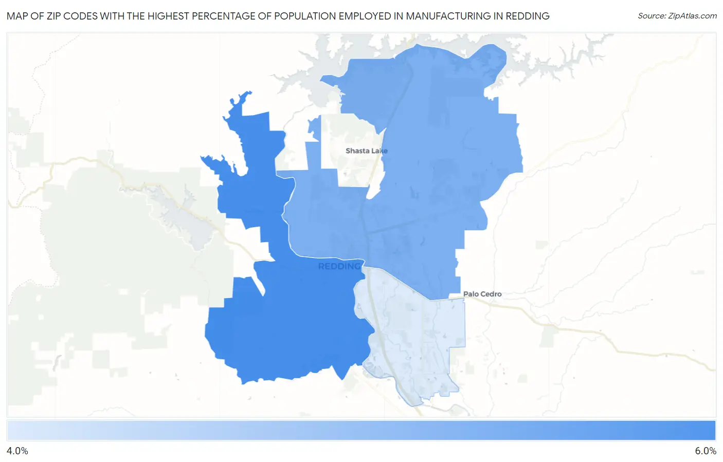 Zip Codes with the Highest Percentage of Population Employed in Manufacturing in Redding Map
