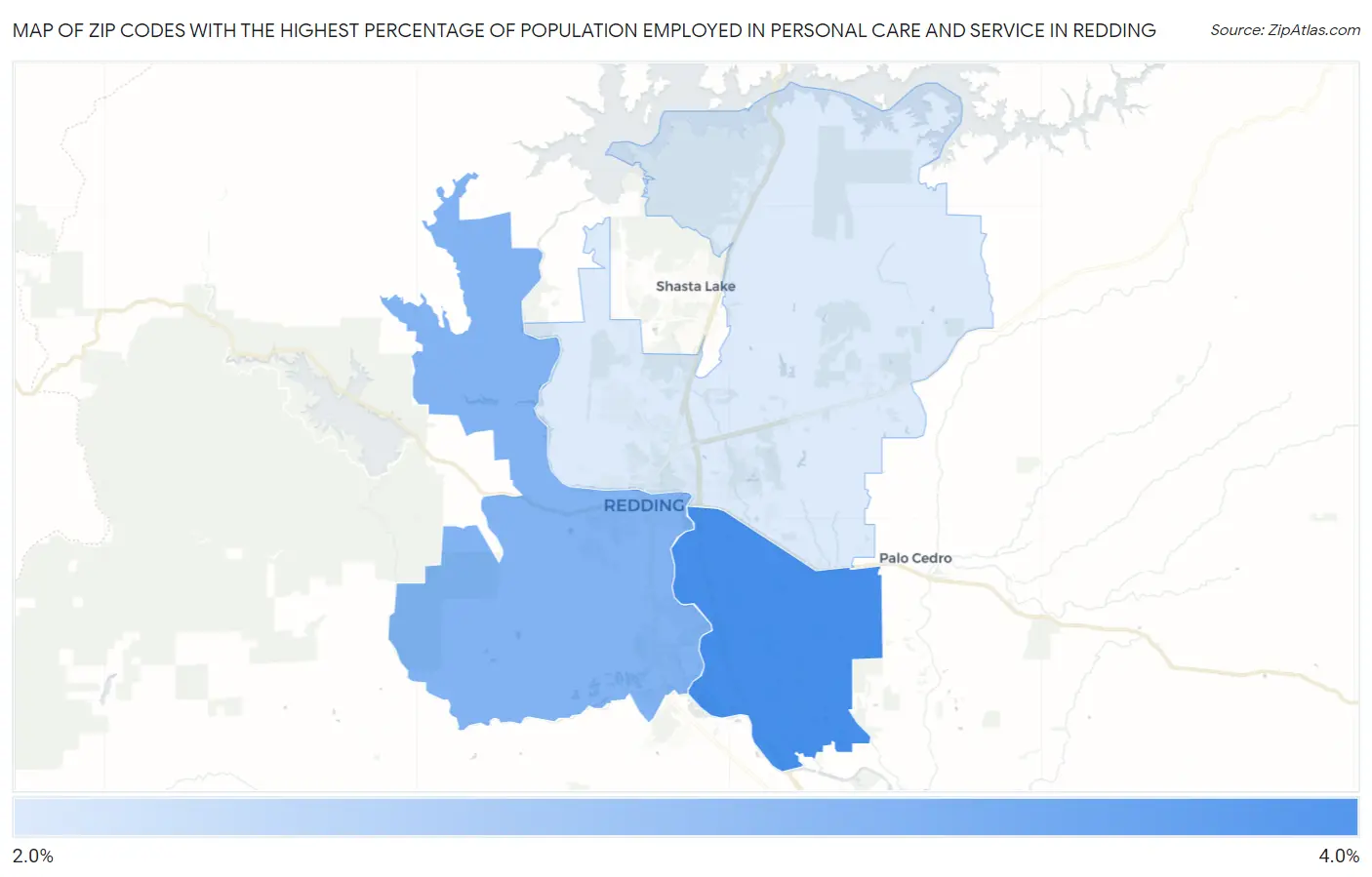 Zip Codes with the Highest Percentage of Population Employed in Personal Care and Service in Redding Map