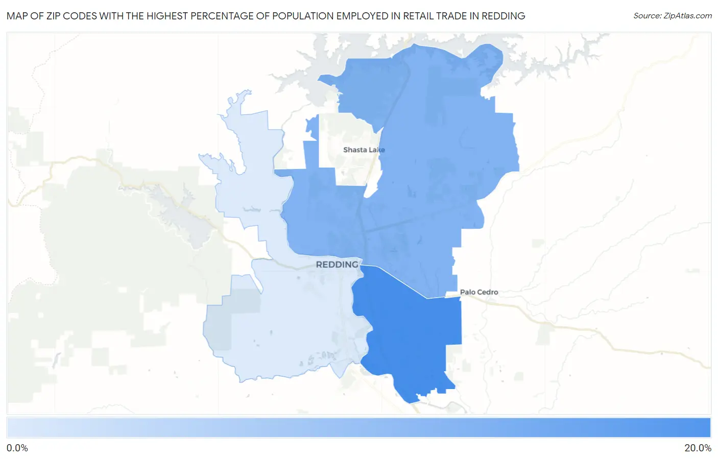 Zip Codes with the Highest Percentage of Population Employed in Retail Trade in Redding Map